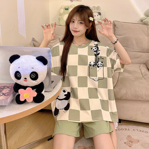 Xushansi Frauen-Pyjamas Sommer kurzärmelig 2025 Neues süßer dünner Sommer-Plus-Size-Hals-Kleidungsstück 679 Grüne Dinosaurier M Empfohlen 80-90jin [Jin ist 0,5 kg]