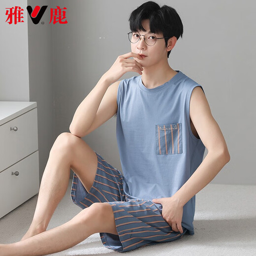 雅鹿轻奢胖子睡衣男夏季加肥加大莫代尔背心轻薄款无袖短裤圆领套头 MDR723深灰条纹 3XL 大【180-220斤】