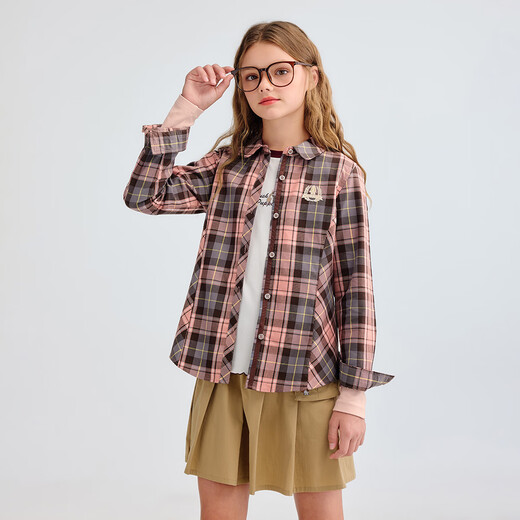 Hush Puppies children's clothing for children and older children 2025 autumn new casual comfortable soft classic college plaid long-sleeved shirt light pink 160 cm