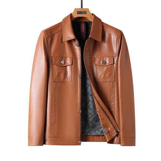 Playboy (PLAYBOY) Haining leather jacket for men with autumn and winter plus velvet warm jacket slim short leather breathable daddy installs motorcycle versatile jacket black thin L 175