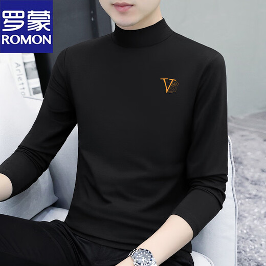 罗蒙（ROMON）男士打底衫纯棉秋冬加厚莫代尔半高领长袖t恤上衣服内搭中领秋衣 C6187黑色 M