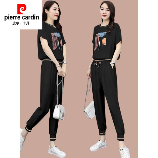 皮尔卡丹（pierre cardin）休闲时尚套装女夏季新款洋气T恤薄款小个子冰丝运动服短袖两件套 【684】桔黄色 M (建议100斤以下)