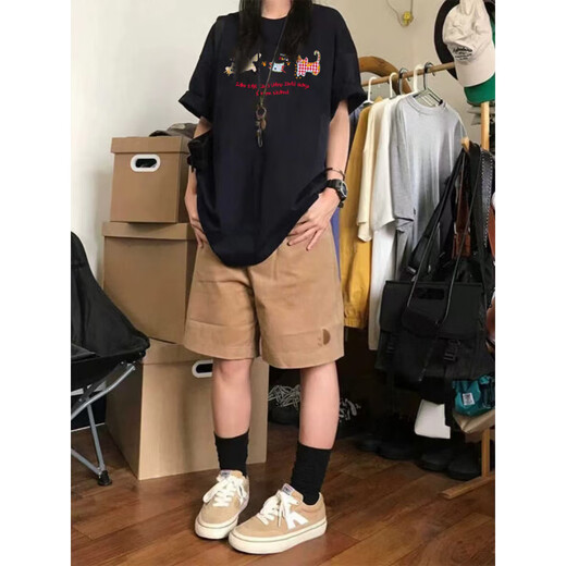 Nasawassup offizielles Co-Branding-T-Shirt aus reiner Baumwolle mit rechter Schulter in Marineblau, kurzärmeliges T-Shirt für Herren, Sommer 2025, neues Design, Sinn für Nische, lose, Marineblau DY2629-DYG M empfohlen 80Jin Jin entspricht 0,5 kg -110Jin Jin entspricht 0,5 kg