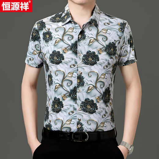 恒源祥夏季桑蚕丝短袖印花衬衫男冰.丝半袖免烫花衬衣休闲中年爸爸薄款 Y81-9898黑色 2XL 180【160-180斤】