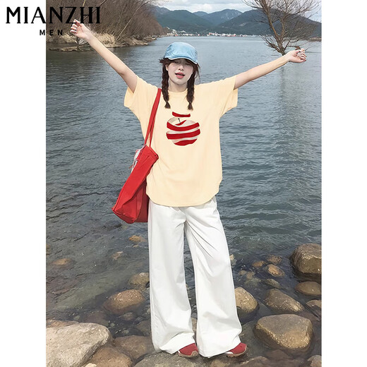 Cotton American pure cotton short-sleeved T-shirt for women in summer 2025 new loose and versatile apple printed round neck five-point sleeve top 29690 white [high quality 20.5] L 100-120Jin [Jin equals 0.5 kg]