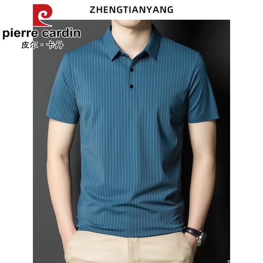 皮尔卡丹（pierre cardin）夏季翻领无痕短袖T恤男士竖条纹休闲polo衫男装潮流薄款冰丝半袖 兰色 6996 M 165