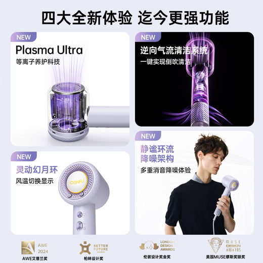 CONFU high-speed hair dryer 5 billion plasma hair care household high-power high-wind birthday gift quick-drying hair dryer F9Pro purple gift box national subsidy