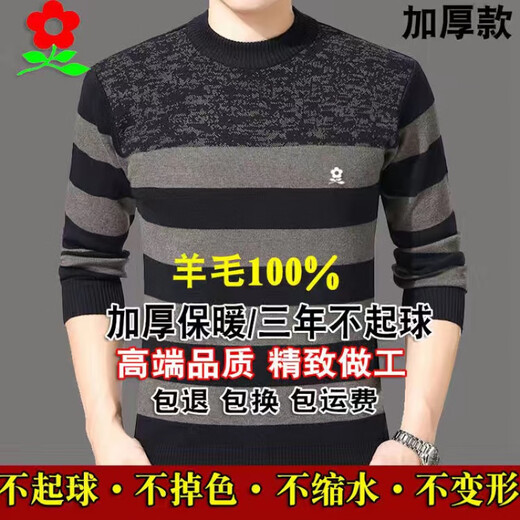 梦特娇【央妈推荐】冬季男士加厚羊毛衫中年圆领毛衣男羊绒保暖针织衫爸 9898酒红【加】 厚款 M /165建议90-120斤