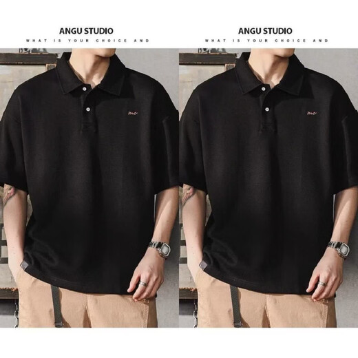 UKUHPK Japanisches Revers-Polo-Hemd kurzärmelig für Männer, vielseitiger, vielseitiger Baumwoll-T-Shirt, Sommer Lose-Hals-Top-Trend G691 Black + Grey M [Vorgeschlagen 90-110jin [Jin ist gleich 0,5 kg]]