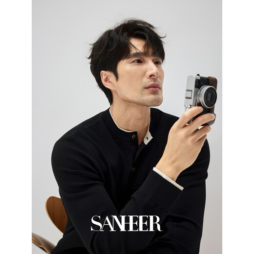 SANHEER High-end light luxury 15.5 m merino diamond wool Henry collar fake two-piece cardigan DAZ787 matte black L 50