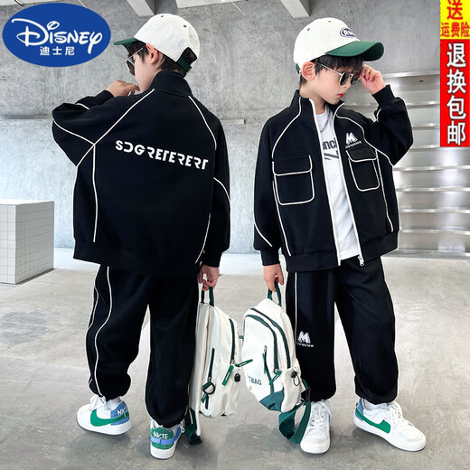 Disney (DISNEY) Boys Autumn Suit 2025 Boys Spring and Autumn New Autumn Handsome Korean Style Sports and Leisure Two-piece Set for Middle and Large Children Black Three-piece Suit Jacket + T-shirt + Pants 120 Recommended size 105-115CM