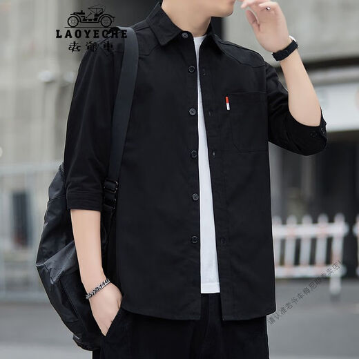老爷车（LAOYECHE）男士2025夏季七分袖纯棉衬衫翻领港风时尚百搭帅气上衣服 Q6626【灰色】 M 90-110斤
