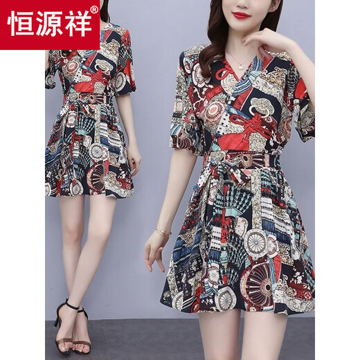 Hengyuanxiang Einzelstück/Anzug Sommer modische Kleidershorts Anzug Frauen Slim Casual Chiffon Shorts Zweiteiler griechischer Blumenstil [Rock + Hosen] m