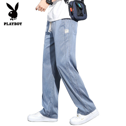 花花公子（PLAYBOY）夏季天丝牛仔裤男宽松直筒潮牌休闲阔腿裤男2025新款冰丝长裤 1048蓝色 M 95-115斤