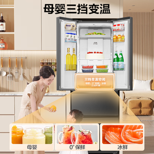 Rongsheng 325L French multi-door four-door double-cycle household refrigerator first-class energy efficiency variable frequency air-cooled frost-free ultra-thin small apartment maternal and infant space trade-in national subsidy air-cooled frost-free energy-saving refrigerator BCD-325WD18MP gray