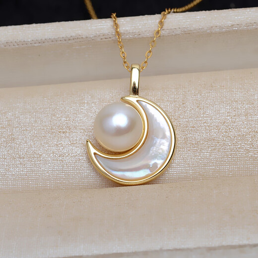 KUXAs925 sterling silver gold natural freshwater real pearl moon pendant pendant pendant shell inlaid without necklace gold pendant + sterling silver chain