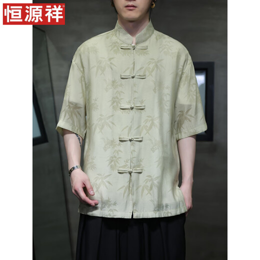 恒源祥夏季轻薄款短袖衬衫新中式古风盘扣唐装男装中国风竹叶上衣中山装 CS9898黑色 M