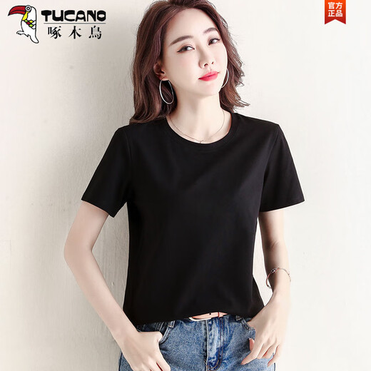 啄木鸟（TUCANO）高档女士纯棉短袖t恤夏季宽松百搭纯色圆领黑色打底体恤衫女上衣 6196白色 短袖 M (建议80-105斤)