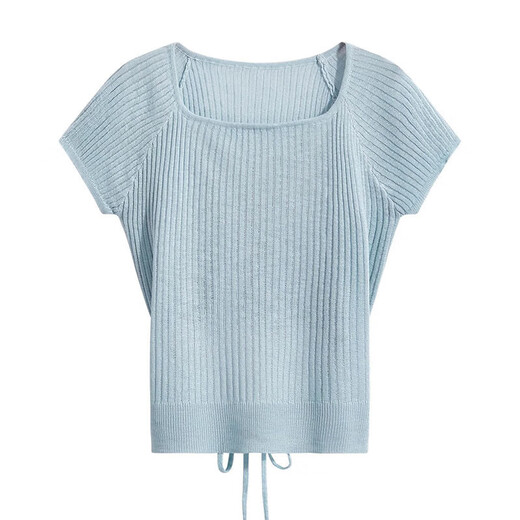 Ninggu Wei Korean style new summer ice silk strap short-sleeved sweater for women pure lust hot girl right shoulder design top apricot sweater one size