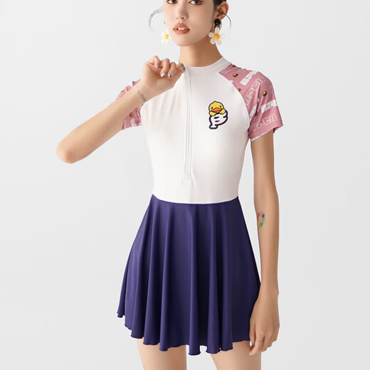 B.Duck泳衣女显瘦遮肚连体裙式长袖感保守防晒学生游泳衣 1049蓝色 M