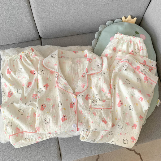 Jingpufei HelloKitty short-sleeved pajamas three-piece set cute Melody cotton silk home clothes Yunduo Cotton-9902# Star KT cat three-piece set L [Suggested 100-120Jin [Jin equals 0.5 kg]]