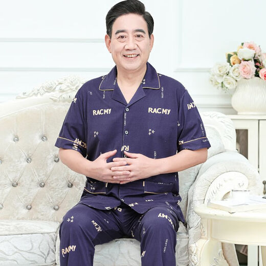 猫人 MiiOW睡衣男纯棉薄款短袖家居服套装老年爸爸男士睡衣夏季格子 短袖3937#图片色 XL 建议120-140斤
