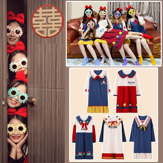 Kang Meishi's wedding funny cute morning robe girl group bridesmaid pajamas running bride sister autumn and winter skirt snow white clothes yzl-16836+headband glasses socks L