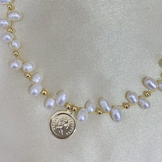 Lao Phoenix 999 Natural Freshwater Millet Pearl Necklace for Women Korean Women's 2024 New White Freshwater Pearl Gold Coin Fancy Necklace