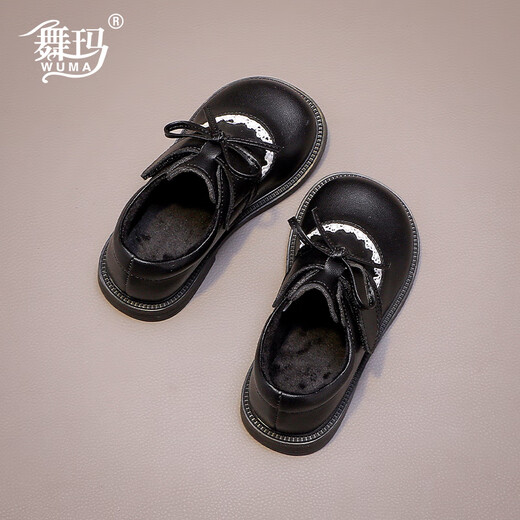 Wuma Girls' Shoes Children's Velvet Princess Shoes 2025 New Autumn and Winter Little Girls Soft Soled Genuine Leather and Second Cotton Small Leather Shoes