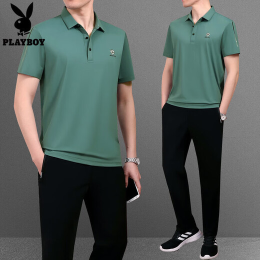 花花公子（PLAYBOY OUTDOOR）冰丝t恤男士套装夏季薄款休闲男装运动服中年短袖男父亲节爸爸装 755蓝色 2XL建议140斤---160斤T恤+裤子