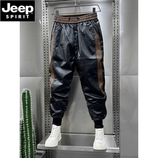 
JEEP SPIRIT men's new leather pants plus velvet thickened motorcycle winter black slim fit ties warm takeaway riding pants men's 895 4XL [Suggested 170-190Jin [Jin equals 0.5 kg]]