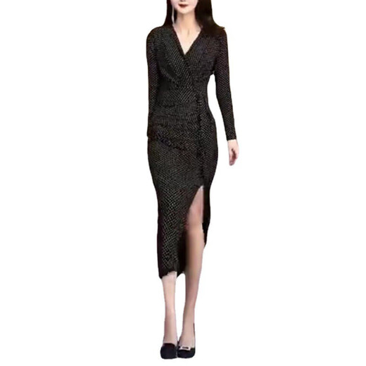 
FHHUABD9926 Da Aimei Yiyuan 2025 Spring New Dress V-neck Slim Hip Slit Slit Skirt Mid-length Women's Skirt Black Dress M