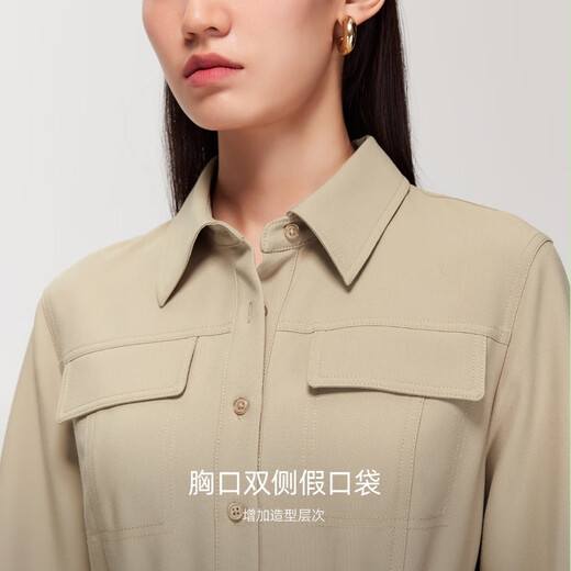 Veromoda Nouvelle robe 2025 Au automne nouveau bouton de revers fausse poche amovible ceinture A-Line Shirt Jirt Light Khaki S