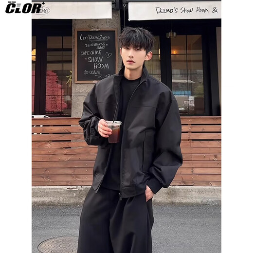 CLOR American flight jacket men's spring and autumn stand-up collar baseball uniform simple versatile work jacket JK01 black XL