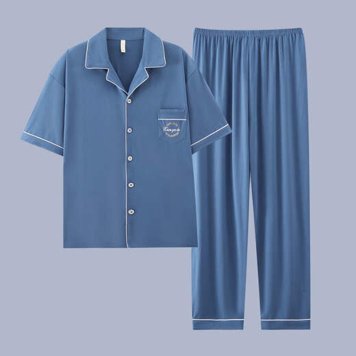 QLTQZQ Herren Pyjamas Herren kurzärmeliger Sommer Dünne Baumwolle Teenager Pyjamas Herren Plus Size Frühling und Sommerkleidung G3884 Blau (kurzärmelig) 175 l [Empfohlen 100-120 Jin [Jin gleich 0,5 kg]]