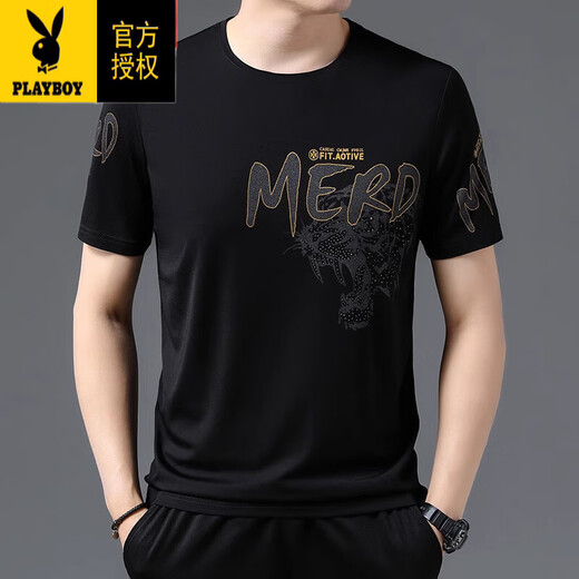 Playboy (PLAYBOY) Paul brand short-sleeved T-shirt men's pure cotton round neck summer black half-sleeved mercerized cotton bottoming T-shirt for young and middle-aged people T-shirt black 733 models M 165 suitable (90-115Jin Jin equals 0.5 kg)