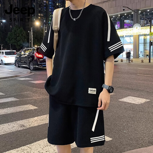 JEEP SPIRIT休闲运动套装男夏季薄款宽松冰丝短袖t恤搭配帅气男士短裤 FKS653卡其色套装 L
