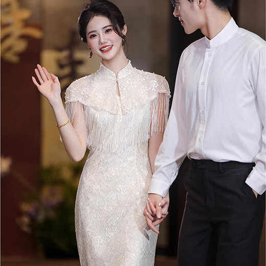 Taylor Martin champagne color new Chinese engagement dress 2025 new style bridal wedding dress main yarn high-end door toast clothing Xiuhe clothes HF059 S
