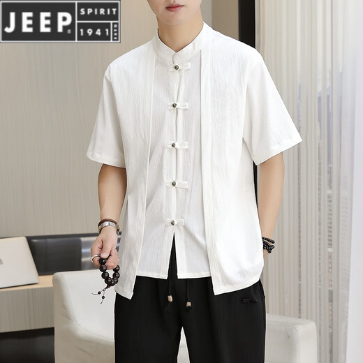 Jeep Spirit Chinese Style Kurzärärmelte T-Shirt-Anzug für Männer gefälschte zweiteilige nationale Trendschnalle bestickte Baumwollwäsche zweiteiler ein Set neuer chinesischer Stand-up-Halsband T 9887 Weiß [Top + Hose] Langarmed M 110jin [Jin gleich 0,5 kg]