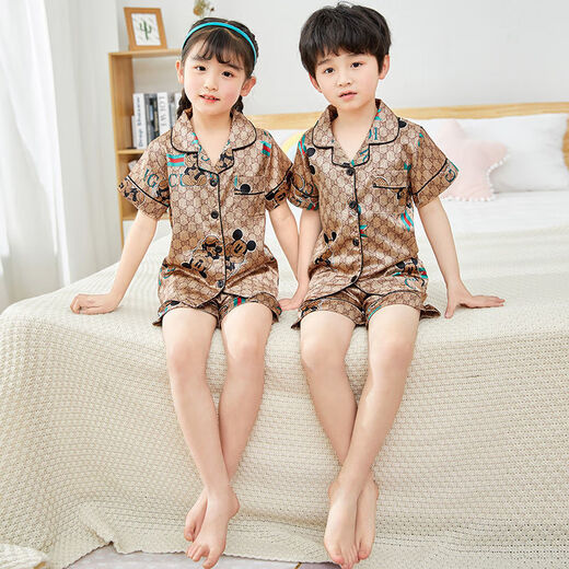 
Chaomeng City summer children's short-sleeved ice silk pajamas boy little girl baby cartoon cute cardigan thin home clothing set 674#boy 170 18 size recommended 140-150cm