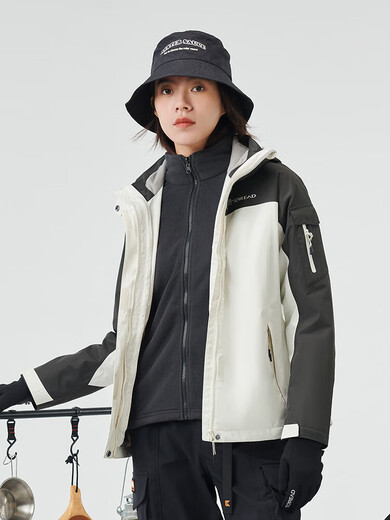 TOREAD冲锋衣男 户外三合一抓绒可脱卸两件套防风保暖登山服防寒服外套 象牙白炭灰（女-TAWWCK92928） XL