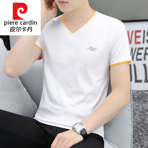 Pierre Cardin трикотажная летняя мужская футболка с короткими рукавами с v-образным вырезом, двухслойный контрастный популярный молодежный топ, простая универсальная рубашка, однотонная, спортивная, белая Q691 M, вес 90-100