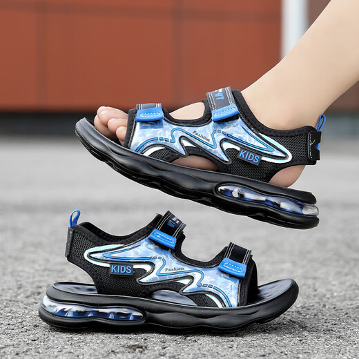 Children's shoes 2025 summer style children's sandals for boys, medium and large children, soft-soled beach shoes, sports sandals, outdoor leisure 1926 black lake blue, size 41/shoe inner length about 264cm