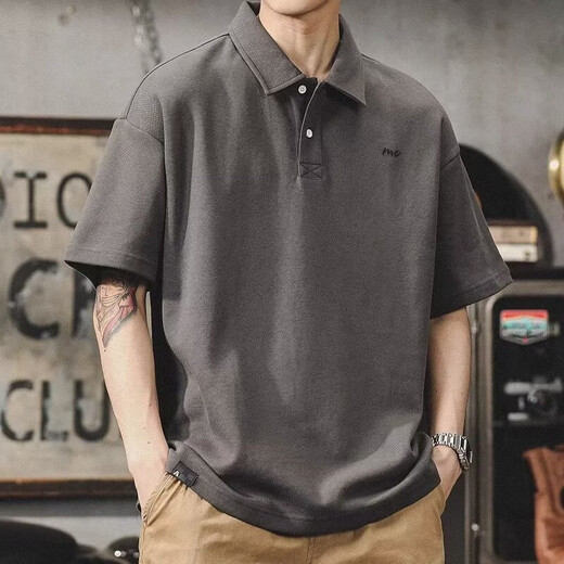 UKUHPK Japanisches Revers-Polo-Hemd kurzärmelig für Männer, vielseitiger, vielseitiger Baumwoll-T-Shirt, Sommer Lose-Hals-Top-Trend G691 Black + Grey M [Vorgeschlagen 90-110jin [Jin ist gleich 0,5 kg]]