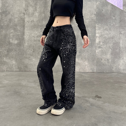 Jean droit noir étoilé pour hommes et femmes, lavage et diamants chauds, design détendu, pantalon de plancher large lâche, bleu 1369 L