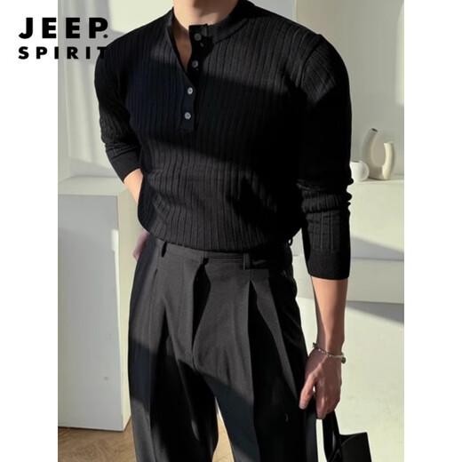 JEEP SPIRIT black Henry collar long-sleeved T-shirt men's spring and autumn American retro round neck sweater with versatile striped men's black M