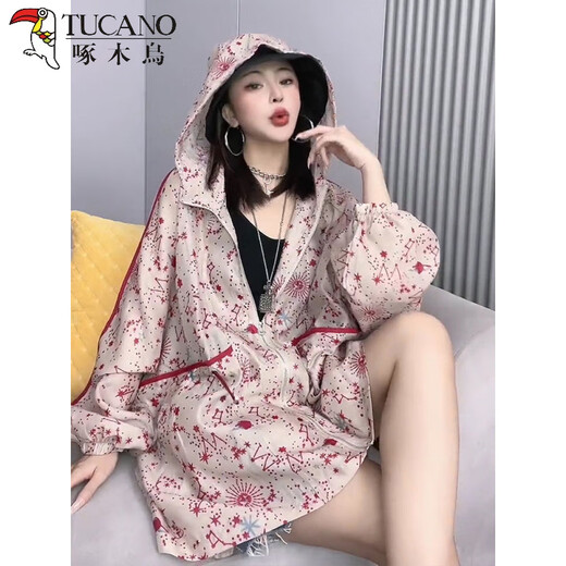 
Woodpecker summer sun protection clothes female star sky blue printed hooded zipper cardigan European loose drawstring long sleeve breathable short jacket Jasmine red thin thin M