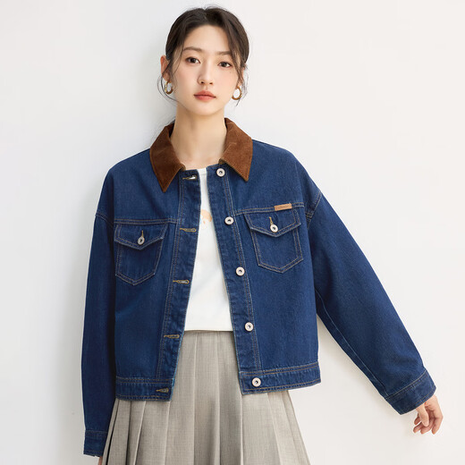 InMAN (INMAN) pure cotton contrast lapel denim jacket for women 2025 autumn fashion retro versatile loose jacket top dark denim blue XL