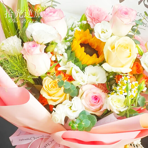 Shiguangnitra Flowers delivers in the same city, delivers sunflower bouquets, delivers boyfriend’s birthday gift bouquets to girlfriends and besties, flowers delivered by flower shop, wins the first prize (girls)丨Sunflowers and Elsa Champagne rose mixed bouquets