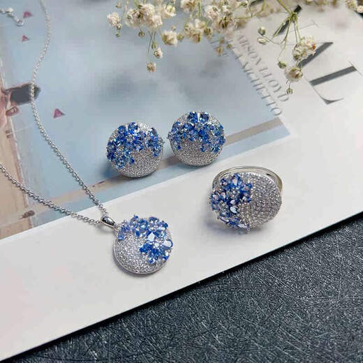 Piaohe S925 silver inlaid tanzanite pendant earrings and ring set disc garden luxurious and elegant gift for girlfriend S925 inlaid tanzanite earrings